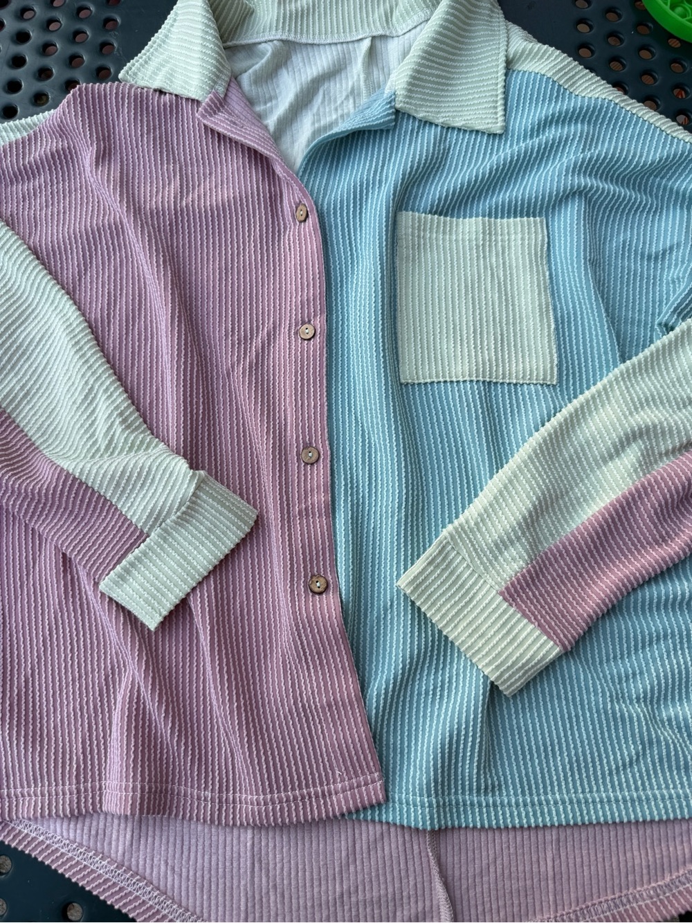 Womens Two-Tone Ribbed Button-Down Shirt - Pastel Pink & Pastel Blue